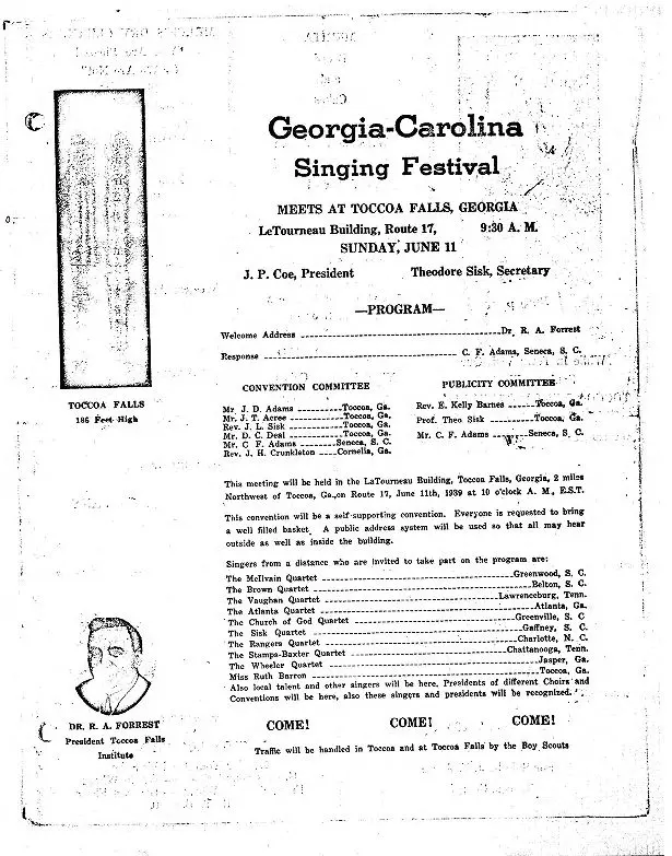 Program for the Singing Festival at Toccoa Falls, 1939